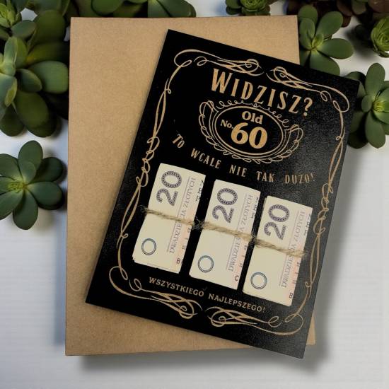 ŚMIESZNY Prezent KARTKA urodziny 60 lat upominek bon na pieniądze s21